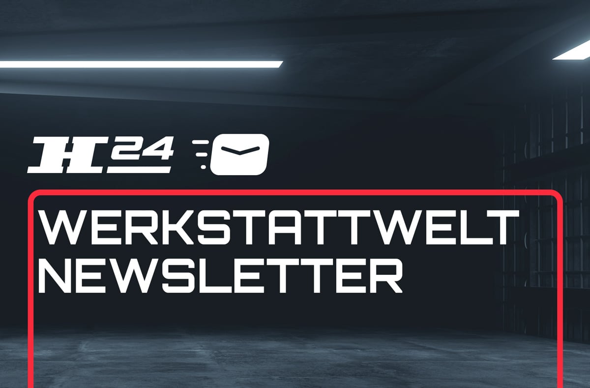 Dunkler Garagenraum mit H24-Logo und Briefsymbol oben links, großer weißer Schriftzug WERKSTATTWELT NEWSLETTER in rotem Rahmen