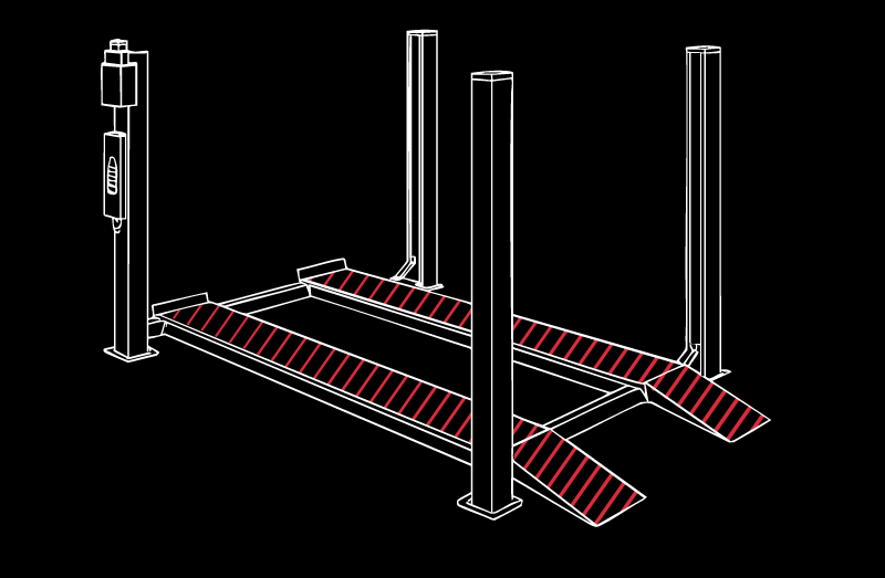 Schematische Vektorgrafik einer viersäuligen Hebebühne für Autos mit zwei Plattformen und Auffahrrampen, weiße Linien auf schwarzem Grund, Plattformflächen rot-diagonal gestreift, Steuerkasten an einer Säule