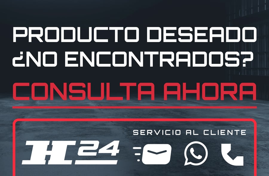 Banner oscuro con texto en blanco y rojo: PRODUCTO DESEADO ¿NO ENCONTRADOS? CONSULTA AHORA; marco rojo con SERVICIO AL CLIENTE, logo H24 y iconos de correo, WhatsApp y teléfono