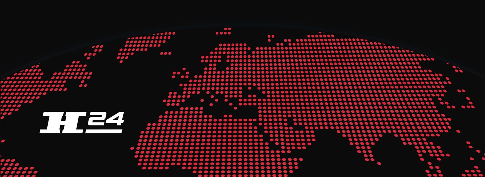Stilisierte punktförmige Weltkarte (Europa, Afrika, Naher Osten) aus roten Punkten auf schwarzem Hintergrund, links weißes H24-Logo