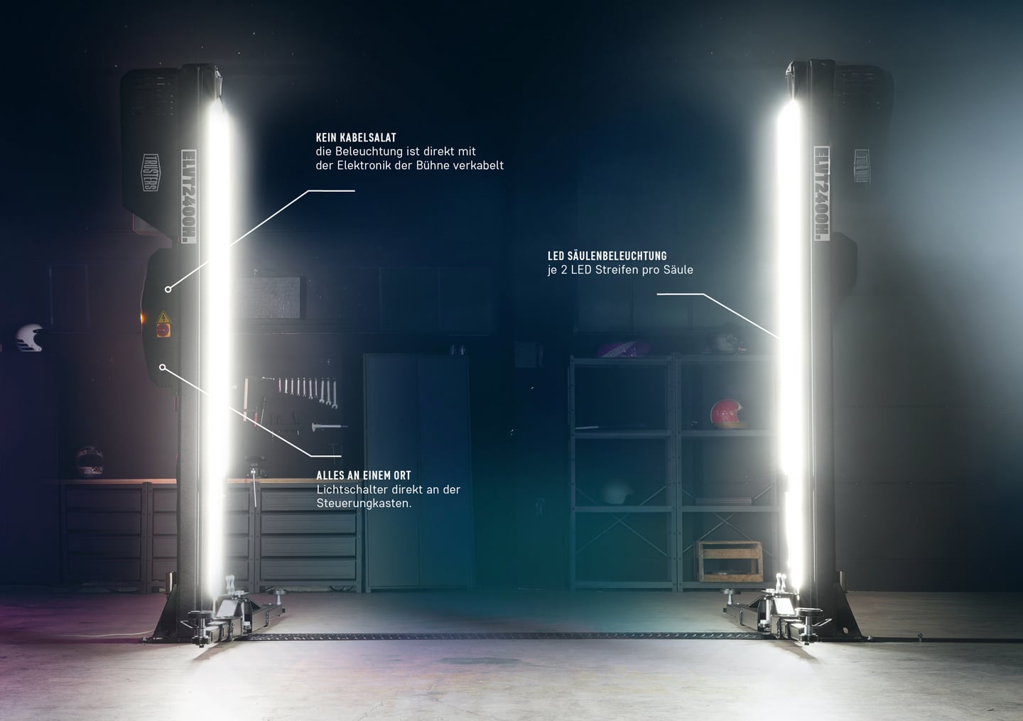Two tall vertical LED light columns facing each other in a dim industrial workshop, bright white strip lighting, floor-mounted bases, tool cabinets and shelves with helmets in the background, and German annotation labels pointing to features