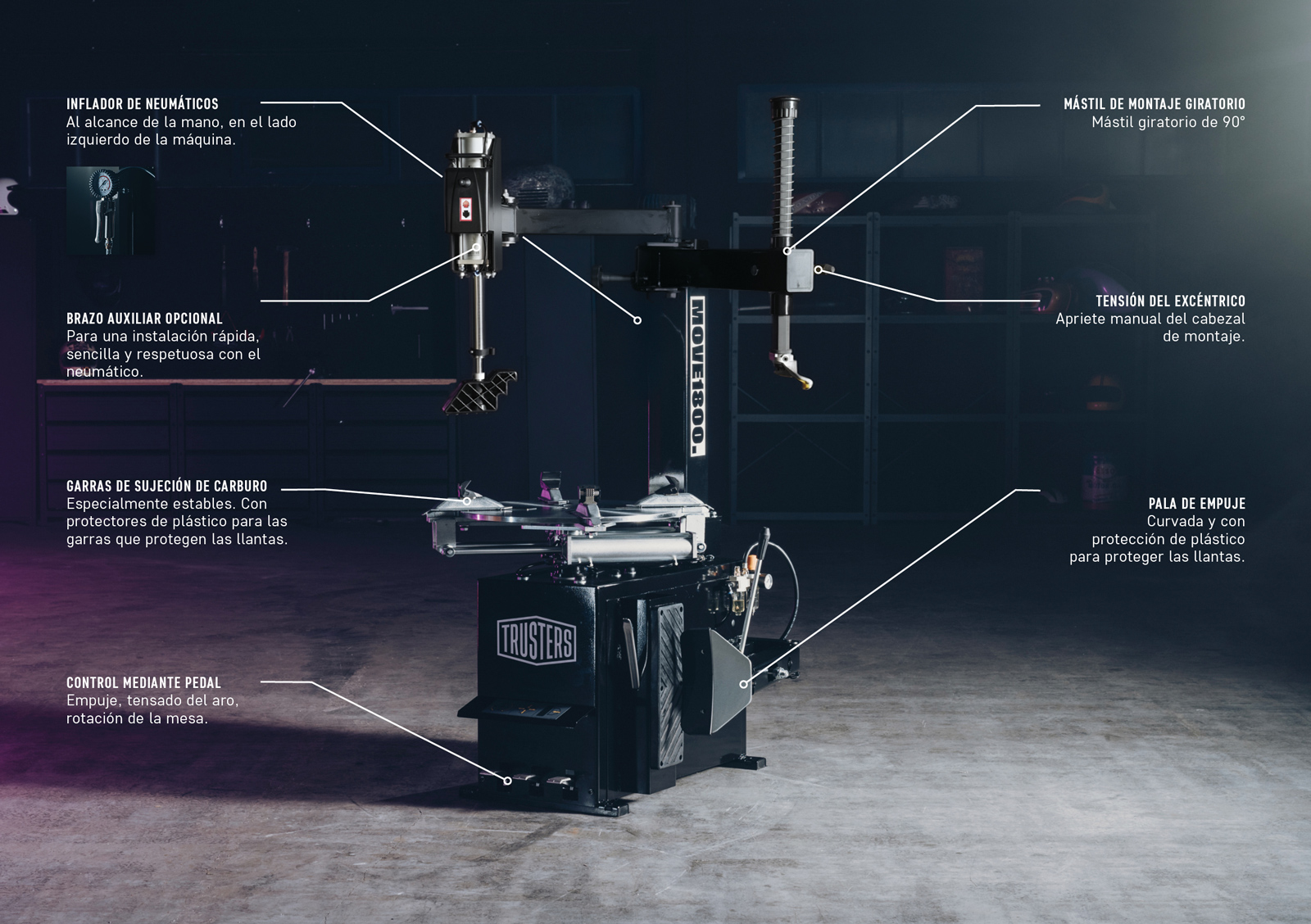 Máquina desmontadora de neumáticos industrial en un taller oscuro, base negra con logo, mesa giratoria y brazo vertical; varias líneas y etiquetas en español señalan inflador, brazo auxiliar, garras de carburo, pedal, mástil giratorio, tensión del excéntr