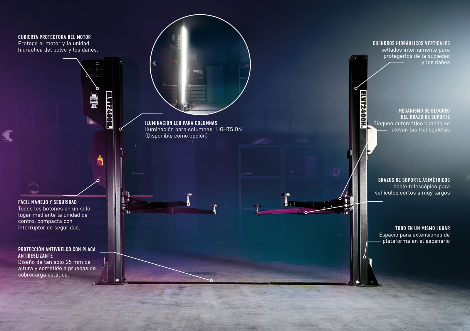Elevador de dos columnas en taller sobre suelo de hormigón, con brazos telescópicos asimétricos, columnas negras, iluminación LED en círculo ampliado y anotaciones técnicas en español señalando componentes.