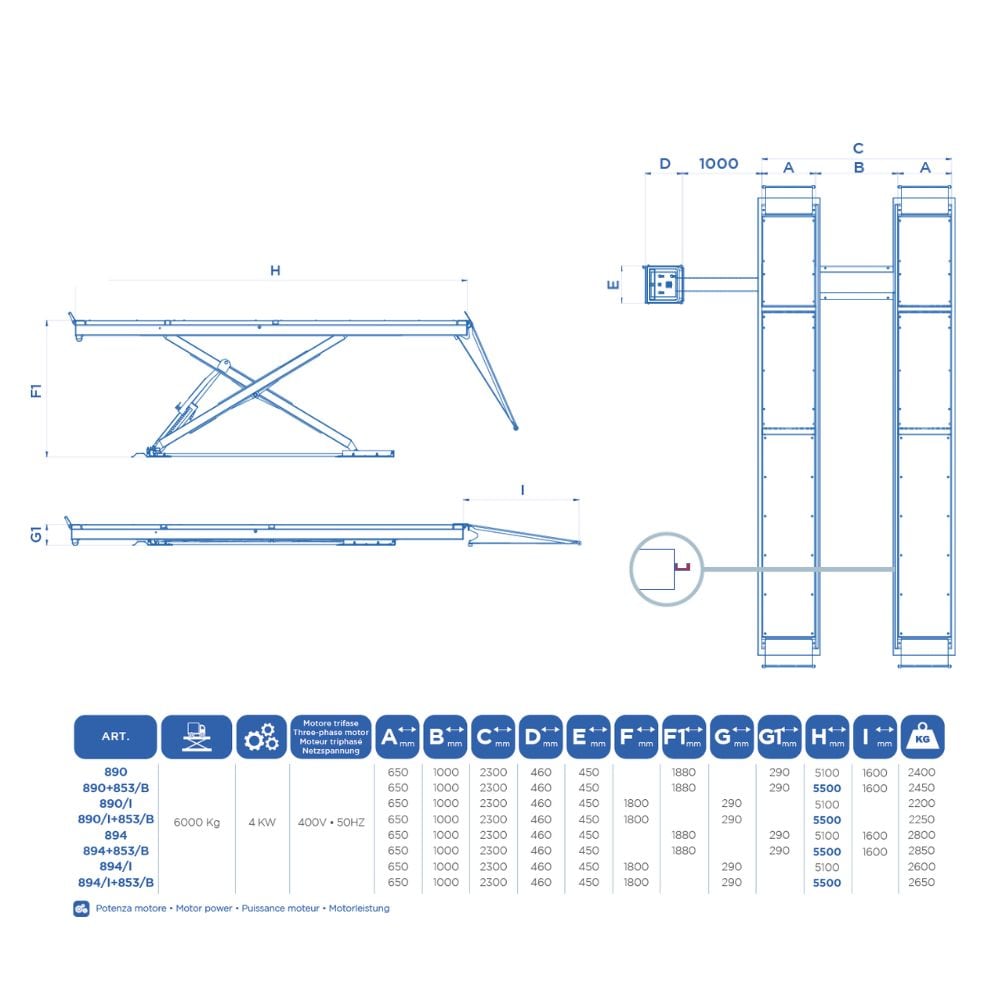 OMCN 890 | Scherenhebebühne 6t | Flache Fahrschienen Überflur 5100 mm