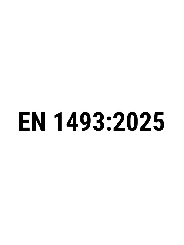 Fetter schwarzer Text EN 1493:2025 mittig auf weißem Hintergrund
