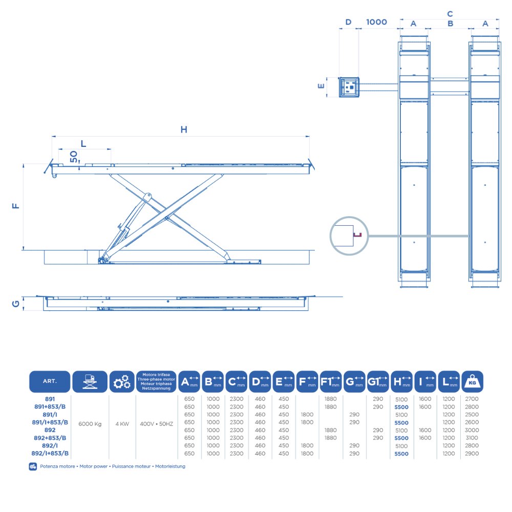OMCN 892/I+853/B | Scherenhebebühne 6t | Achsvermessung Unterflur 5500 mm + Radfreiheber