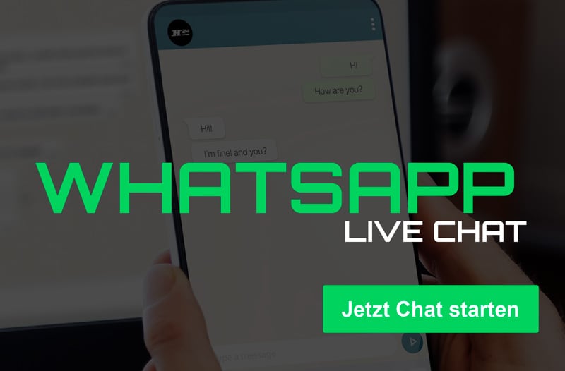 Großes grünes WHATSAPP LIVE CHAT über einem Smartphone mit geöffneter Chatansicht und grünem Button Jetzt Chat starten