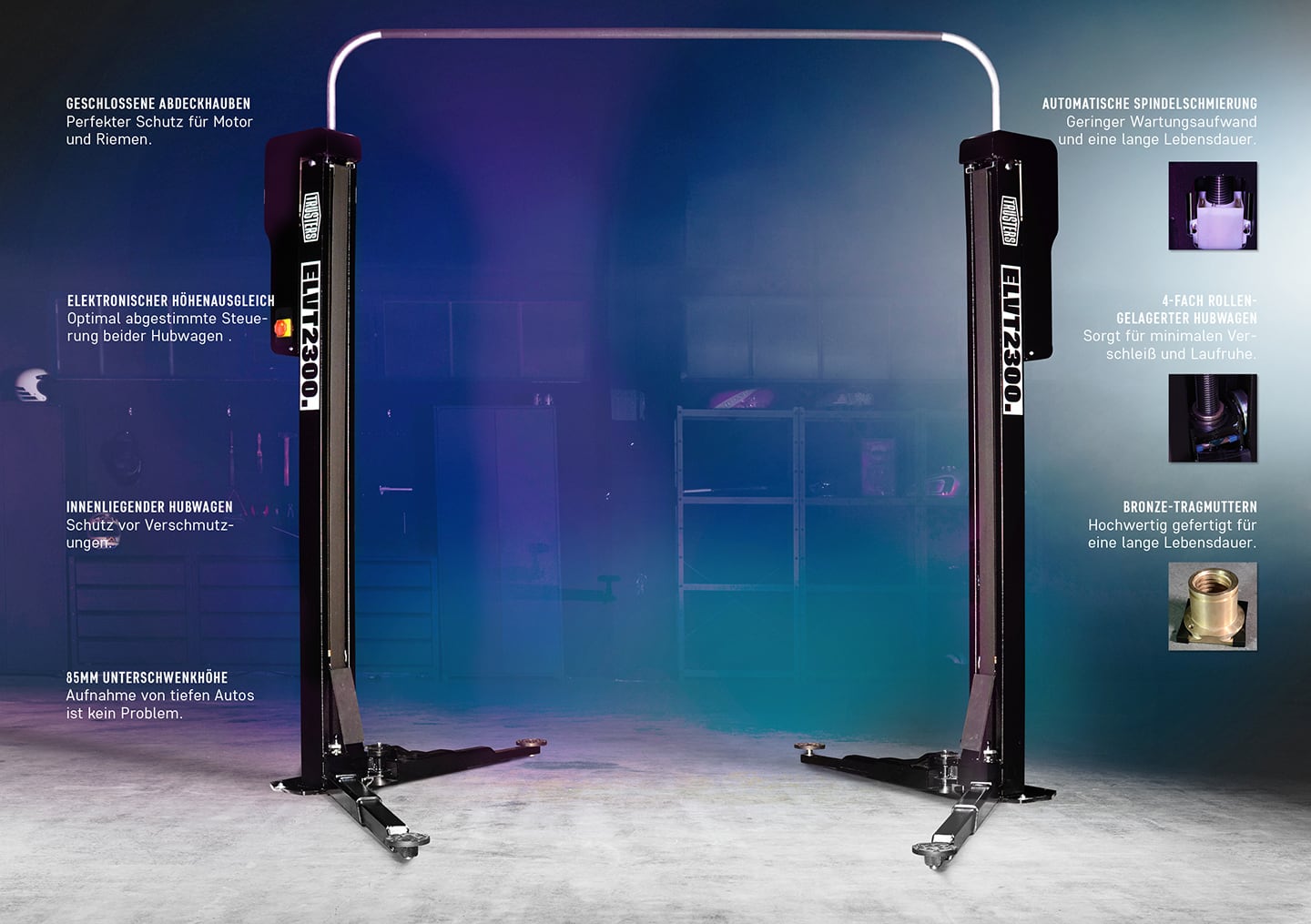 Zweisäulen-Autolift in einer Werkstatt, zwei schwarze Säulen mit Überkopf-Quertraverse, ausfahrbare Hebearme auf Betonboden, Produktbeschriftung ELVT2300 und kleine Detailbilder vor blau-violettem Hintergrund