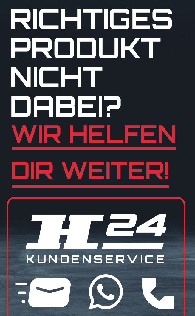 Poster mit Text Richtiges Produkt nicht dabei? Wir helfen dir weiter! und H24 Kundendienst-Logo in einem Rahmen sowie Symbolen für E-Mail, WhatsApp und Telefon