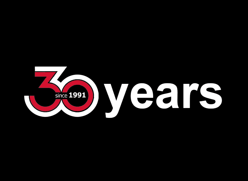 Stylized anniversary logo on black background: large red-and-white "30" with "since 1991" inside the zero, followed by the white word "years"