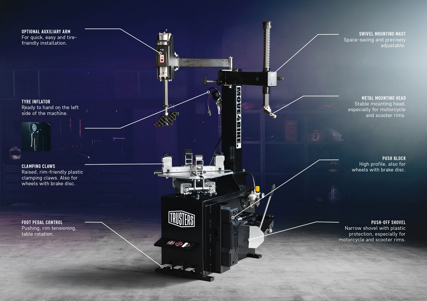 Tire changer machine in a dim workshop with labeled callouts pointing to parts: optional auxiliary arm, swivel mounting mast, tyre inflator, metal mounting head, clamping claws, push block, foot pedal control and push-off shovel