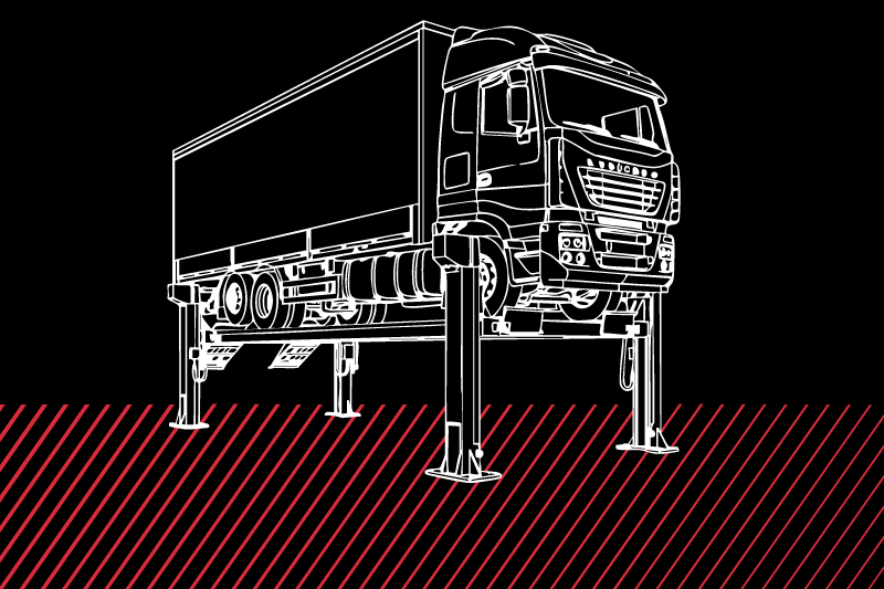Weiß konturierte Illustration eines Kasten-Lkw in Drei-Viertel-Frontansicht, auf vier Hubstützen hochgehoben, schwarzer Hintergrund mit rotem, diagonal gestreiftem Bodenmuster