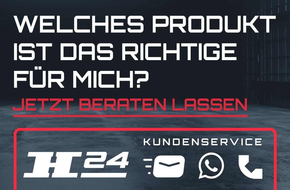 Werbebild mit Text Welches Produkt ist das richtige für mich? und rotem Aufruf Jetzt beraten lassen, darunter ein roter Rahmen mit KUNDENSERVICE, H24-Logo sowie Symbolen für E-Mail, WhatsApp und Telefon vor dunklem Industriehintergrund
