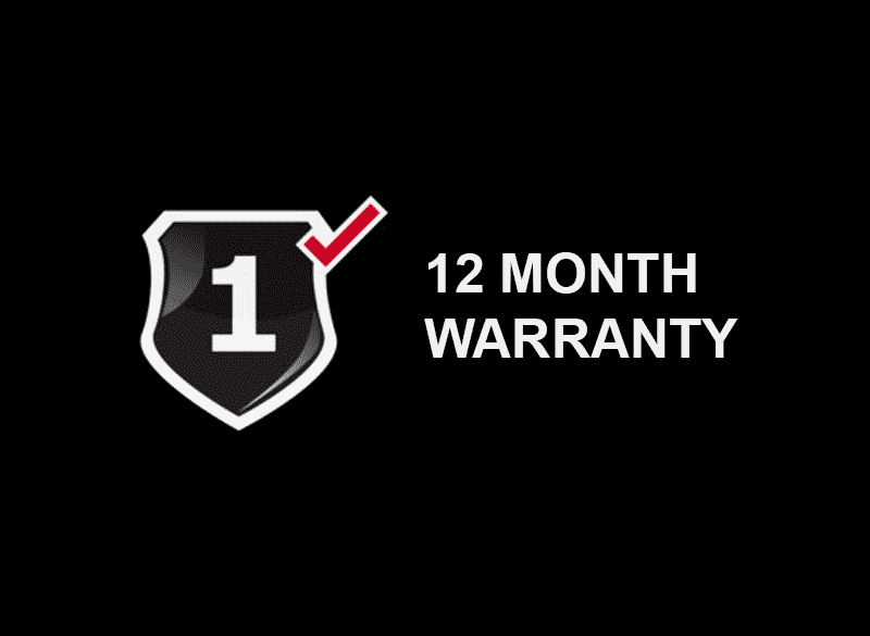Shield badge with white number 1 and red check mark beside white text 12 MONTH WARRANTY on a black background