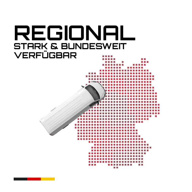 Schriftzug REGIONAL STARK & BUNDESWEIT VERFÜGBAR; stilisierte Deutschlandkarte aus roten Quadraten mit diagonal darüber liegendem weißen Lieferwagen; kleine schwarz-rot-goldene Flaggenleiste unten links