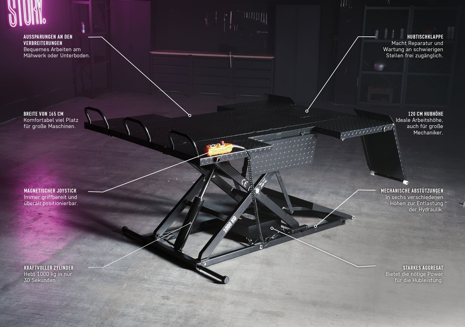 Schwarze Scherenhebebühne mit diamantierter Stahlplattform und orangefarbenem Steuergerät in einer Werkstatt, Markierungen und Beschriftungen zu Funktionen wie Hubhöhe, Joystick, Zylinder und mechanischen Abstützungen; Betonboden mit Regalen im Hintergrun