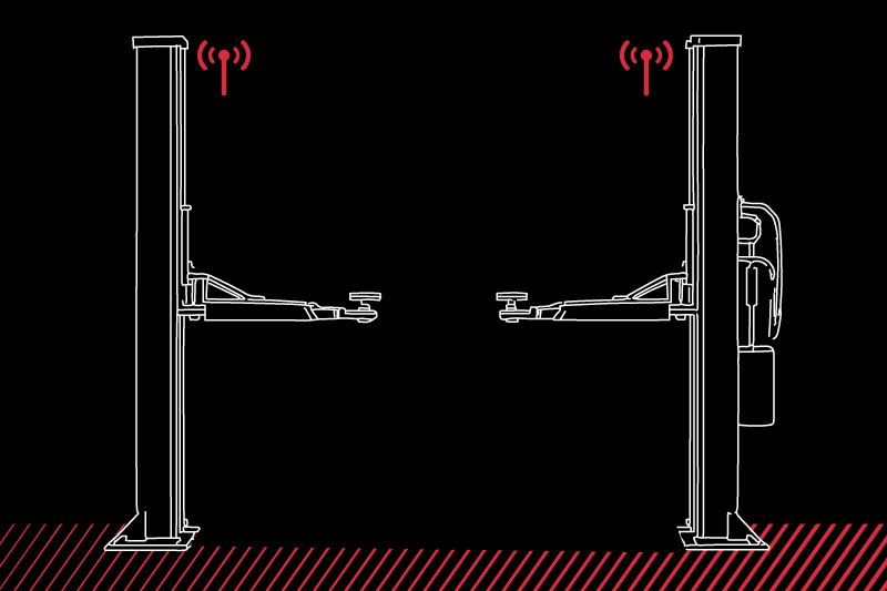 Zweisäulen-Autobühne in weißer Linienzeichnung auf schwarzem Hintergrund, rote Funk‑Symbole über den Säulen und rote diagonale Streifen auf dem Boden