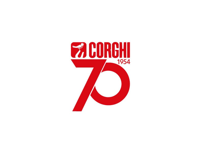 Rotes CORGHI Jubiläumslogo mit kleinem quadratischen Emblem oben links, dem Schriftzug CORGHI 1954 und einer großen roten Zahl 70 darunter