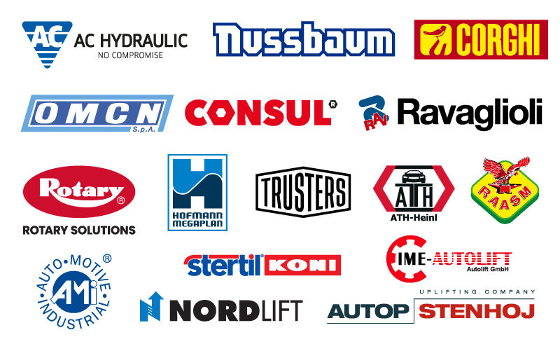 Collage von Werkstatt- und Hebebühnenmarkenlogos: AC Hydraulic, Nussbaum, Corghi, OMCN, Consul, Ravaglioli, Rotary, Hofmann Megaplan, Trusters, ATH-Heinl, RAASM, AMI, Stertil Koni, IME-Autolift, Nordlift, Autop, Stenhøj