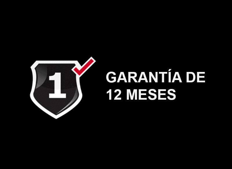 Escudo negro y blanco con el número 1 y una marca de verificación roja, junto al texto GARANTÍA DE 12 MESES en blanco sobre fondo negro