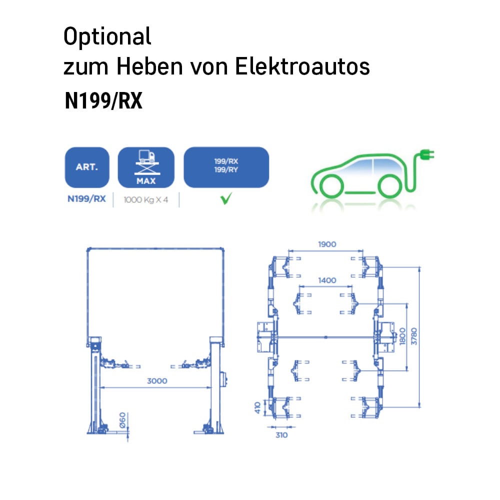 OMCN 199/RX » 5,5t » 2-Säulen-Hebebühne mit Doppelgelenk-Tragarme