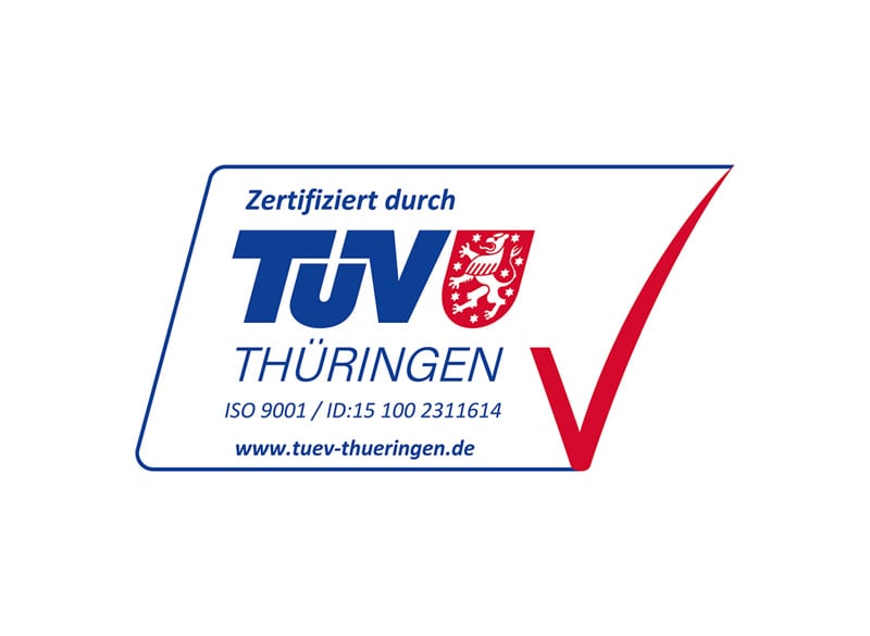 Zertifiziert durch TÜV Thüringen, blaues Logo mit rotem Wappen, Text ISO 9001 / ID:15 100 2311614, rotes Häkchen und Webadresse www.tuev-thueringen.de