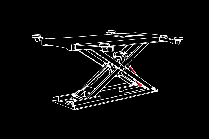 Schematische Linienzeichnung einer Scherenhebebühne mit flacher Plattform, gekreuzten Scherengittern und rot markierter Feder, weiße Konturen auf schwarzem Hintergrund