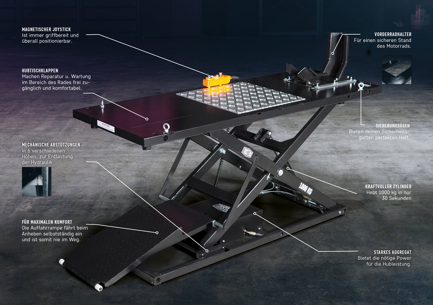 Schwarze Scherenhebebühne für Motorräder mit Auffahrrampe, vorderem Radhalter, Riffelblech-Plattform, magnetischem Steuerjoystick, Sicherungsösen und sichtbarer Hydraulik-/Zylindermechanik auf betoniertem Werkstattboden