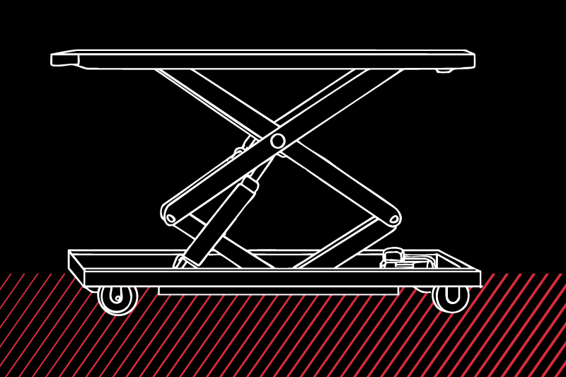 Seitenansicht eines fahrbaren Scherenhubtisches als weiße Linienzeichnung auf schwarzem Hintergrund, mit sichtbarem Hydraulikzylinder und Rollen, roter diagonal gestreifter Boden