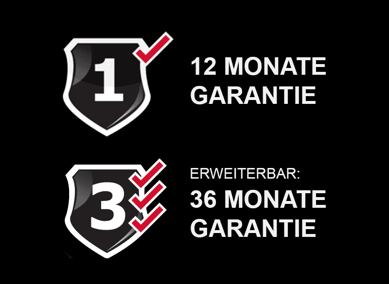 Zwei schwarze Schild-Icons mit Zahlen und roten Häkchen, oben Schild mit 1 und Text 12 Monate Garantie, unten Schild mit 3 und drei Häkchen sowie Text Erweiterbar: 36 Monate Garantie