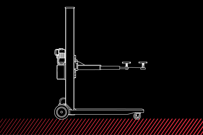Seitliche weiße Konturzeichnung eines mobilen Hebe- bzw. Kamerakrans auf schwarzem Hintergrund: hoher Mast, ausziehbarer horizontaler Arm mit zwei Aufsatzplatten, große und kleine Räder, rote schräge Streifen am unteren Bildrand