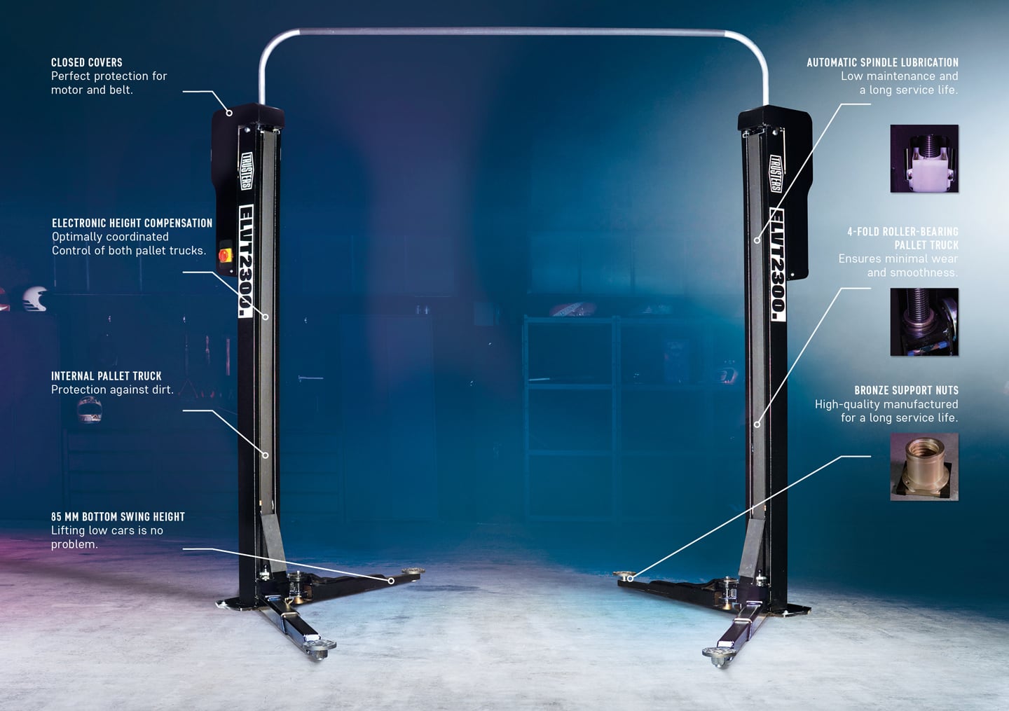 Two-post vehicle lift in a garage with two black vertical columns joined by a curved top bar, adjustable lifting arms and wheel pads on concrete floor, labeled callouts pointing to covers, height compensation, lubrication and support nuts