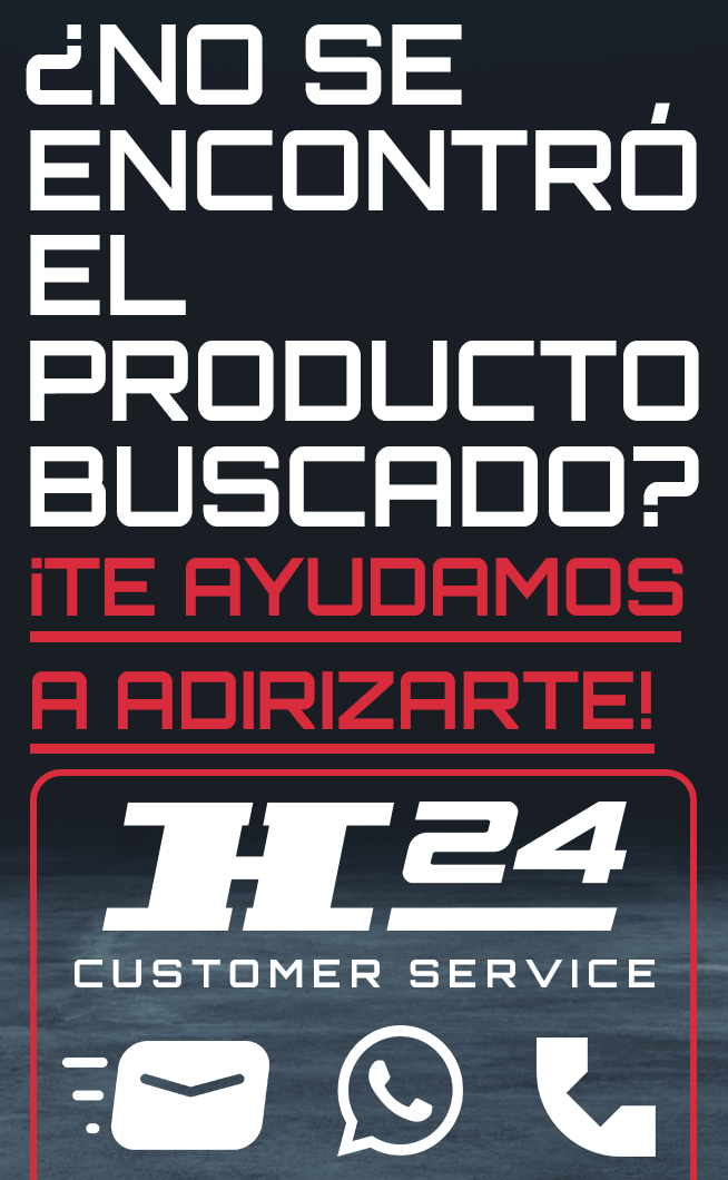 Cartel vertical oscuro con texto grande en blanco y rojo: ¿NO SE ENCONTRÓ EL PRODUCTO BUSCADO? ¡TE AYUDAMOS A ADIRIZARTE! Logo H24 Customer Service y iconos de contacto: correo, WhatsApp y teléfono