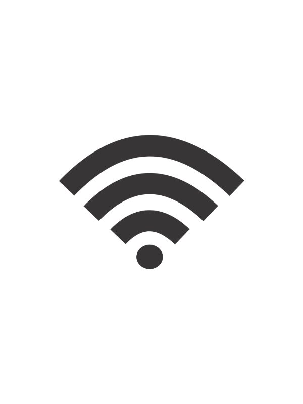 Schwarzes WLAN-Symbol mit drei gebogenen Signalbögen über einem Punkt auf weißem Hintergrund