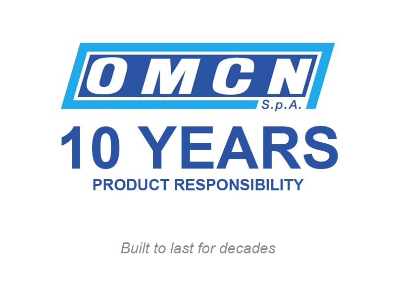 OMCN S.p.A. blue logo above large text 10 YEARS PRODUCT RESPONSIBILITY with smaller italic tagline Built to last for decades on white background