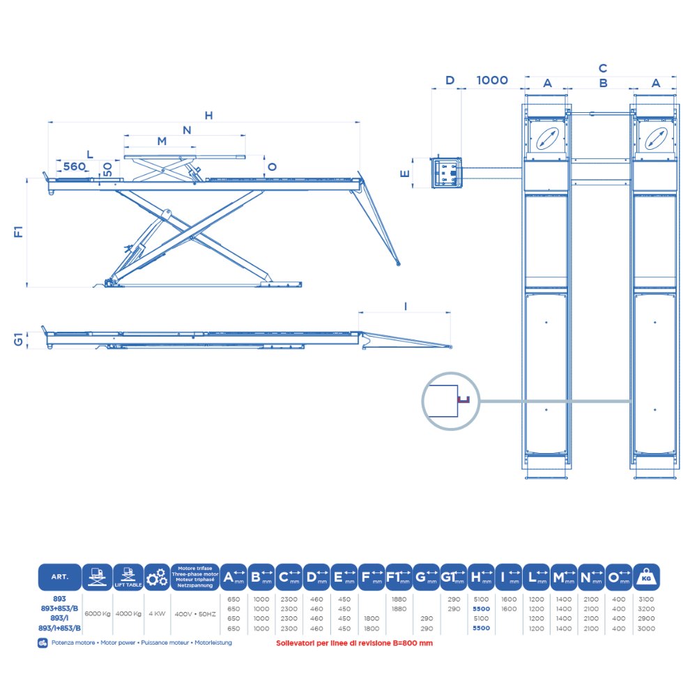 OMCN 893+853/B | Scherenhebebühne 6t | Achsv.+Gelenkspieltester Überflur 5500 mm