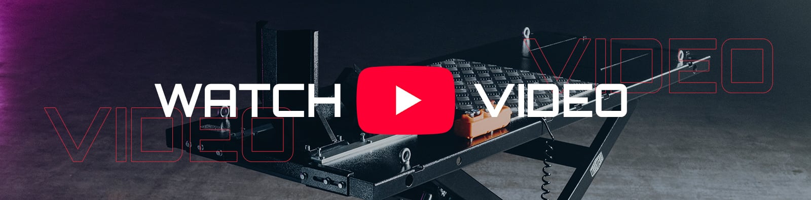Industrial scissor-lift platform on concrete with centered red YouTube play button, large white WATCH left and VIDEO right text, faint red outlined VIDEO overlays and purple light wash at left
