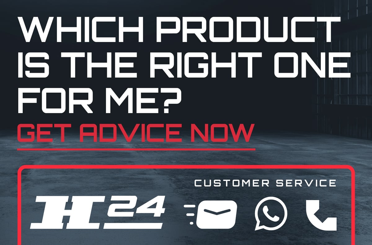 Dark promotional graphic with large white text WHICH PRODUCT IS THE RIGHT ONE FOR ME?, red call-to-action GET ADVICE NOW, and a red-bordered panel labeled CUSTOMER SERVICE showing H24 logo and icons for email, WhatsApp and phone