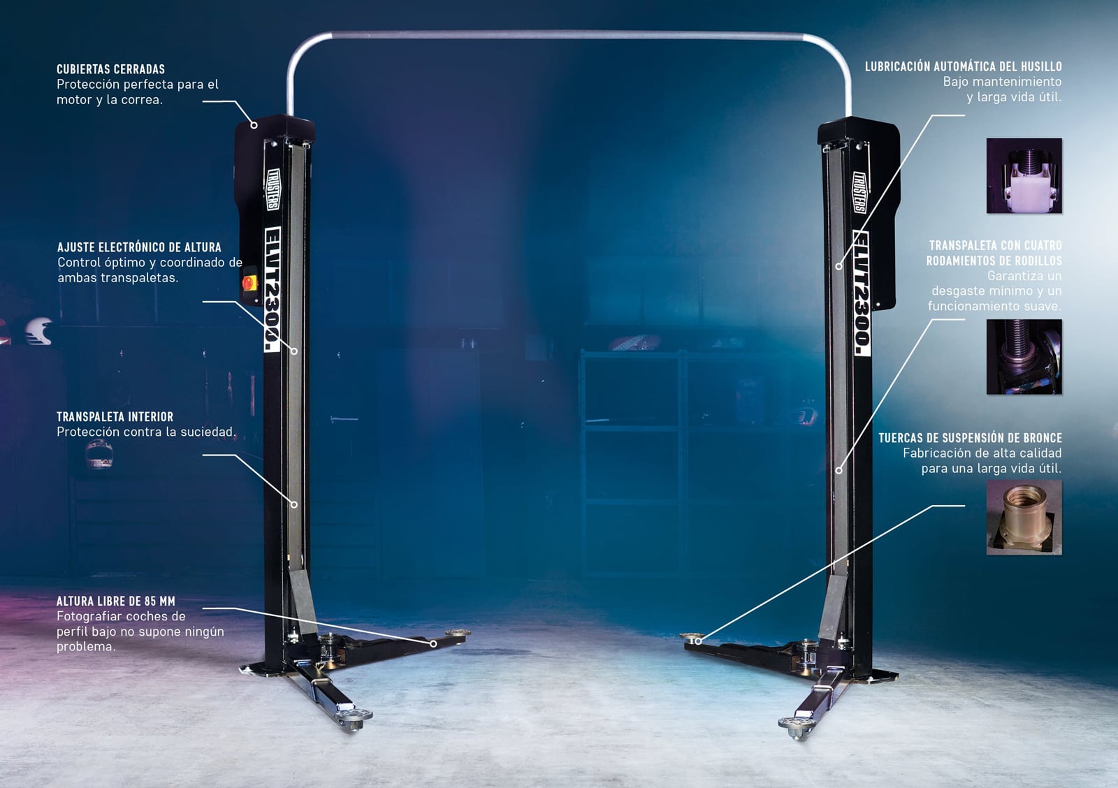 Dos columnas elevadoras de coche negras enfrentadas en taller, brazos inferiores extendidos, con líneas y textos en español que señalan características técnicas sobre fondo azul