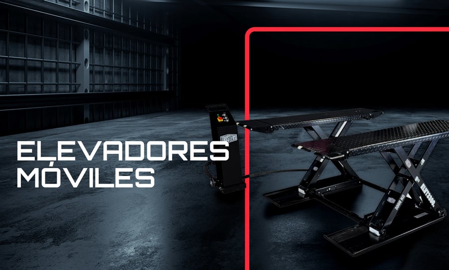 Interior industrial oscuro con dos elevadores móviles tipo tijera negros a la derecha, unidad de control central, marco rojo parcial y texto grande ELEVADORES MÓVILES a la izquierda sobre suelo brillante