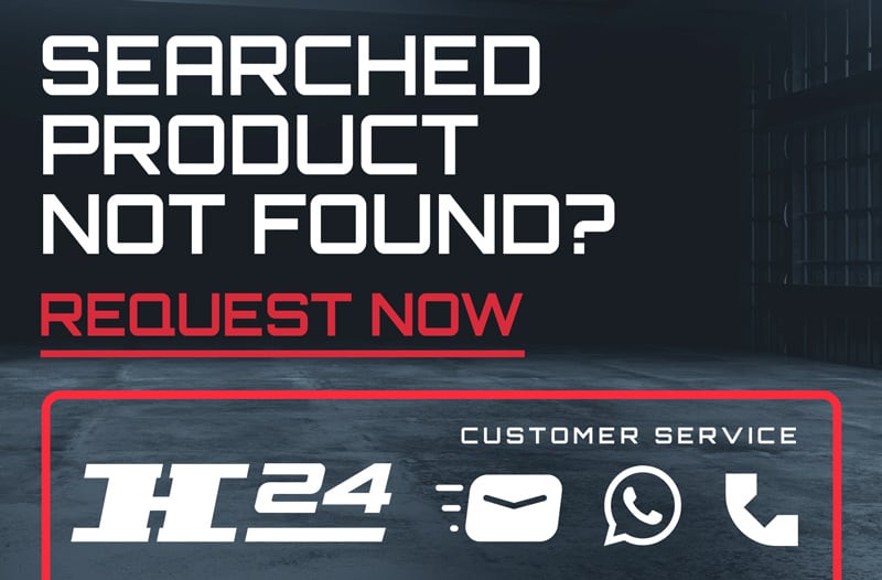 Banner reading Searched product not found? Request now above a red-framed customer service panel showing H24 logo and icons for email, WhatsApp and phone