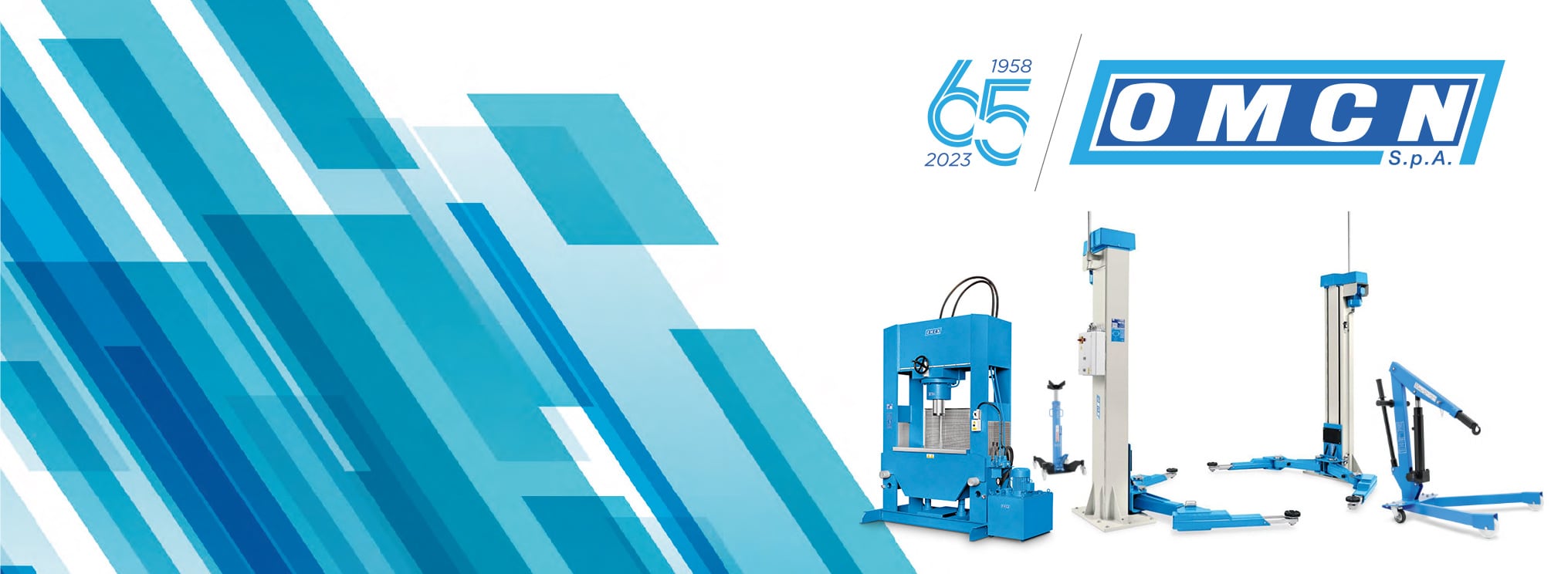 Left blue geometric pattern, top-right OMCN 65th anniversary and company logo, right side row of blue workshop equipment including a hydraulic press, two column lifts and an engine crane on white background.