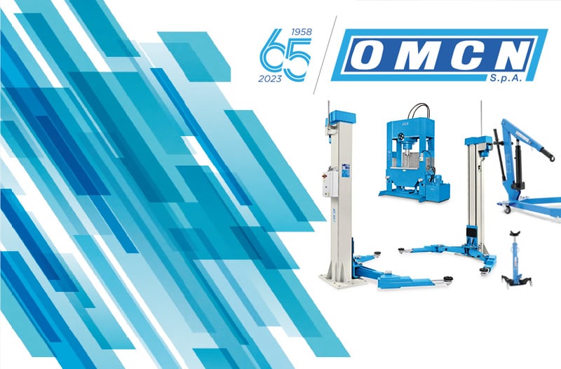 OMCN logo and 65 1958-2023 anniversary mark over white background, blue diagonal geometric pattern at left, four blue industrial vehicle lifts and a mobile engine crane at right