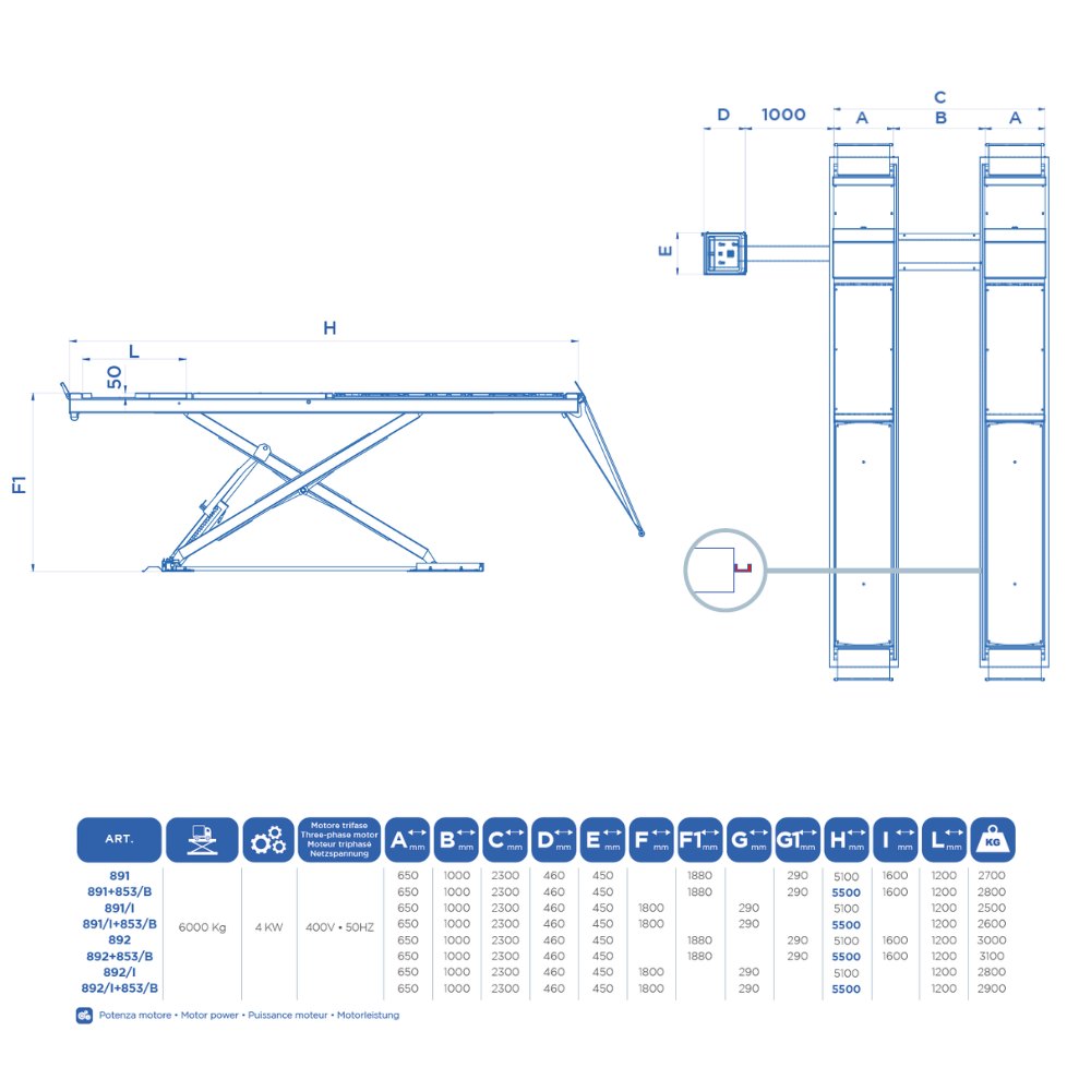 OMCN 892+853/B | Scherenhebebühne 6t | Achsvermessung Überflur 5500 mm + Radfreiheber