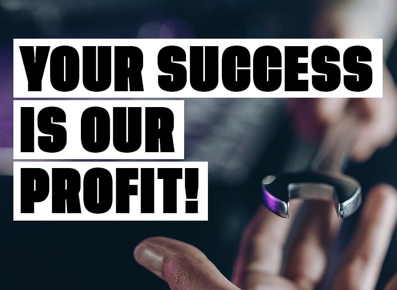 Large black block text reading YOUR SUCCESS IS OUR PROFIT! on white rectangular panels at left; blurred close-up of a hand holding a small metallic tool in the right foreground against a dark, out-of-focus background