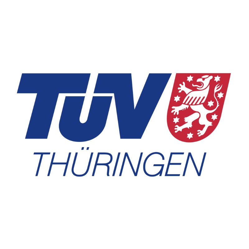 Logo TÜV Thüringen mit blauem Schriftzug "TÜV", rechts ein rotes Wappen mit weißem Löwen und Sternen, darunter blauer Schriftzug THÜRINGEN