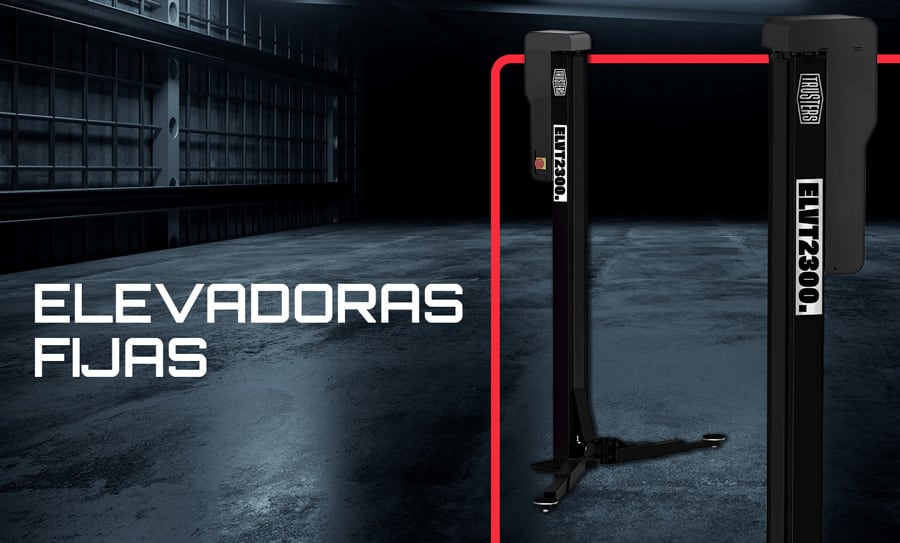 Dos columnas elevadoras fijas negras con etiquetas ELVT2300 en un taller oscuro sobre suelo de cemento, resaltadas con marco rojo; texto blanco grande a la izquierda: ELEVADORAS FIJAS