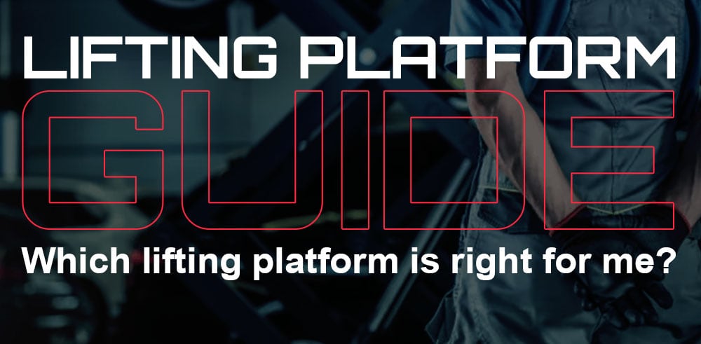 LIFTING PLATFORM GUIDE headline and subtitle Which lifting platform is right for me? overlaid on a dark workshop background with a person in workwear beside lifting equipment