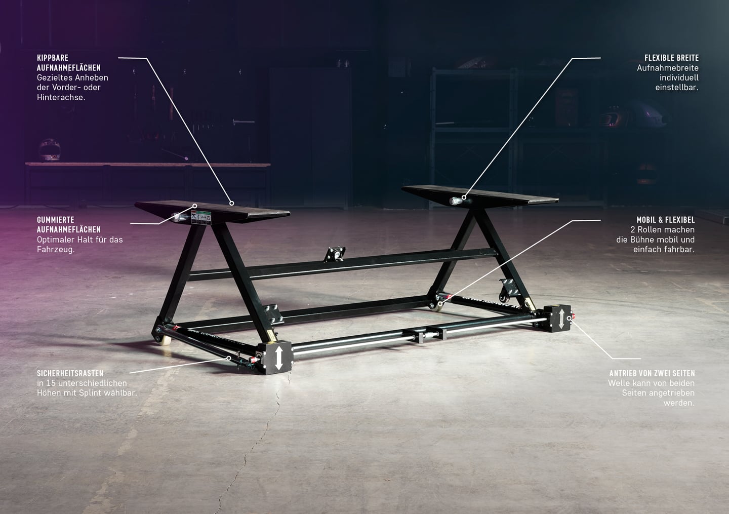 Mobile schwarze Scherenhebebühne mit zwei gummierten Aufnahmeplatten, einstellbarer Breite, Rollen und Sicherheitsrasten, auf Betonboden in Werkstatt, beschriftete Pfeile markieren Bauteile
