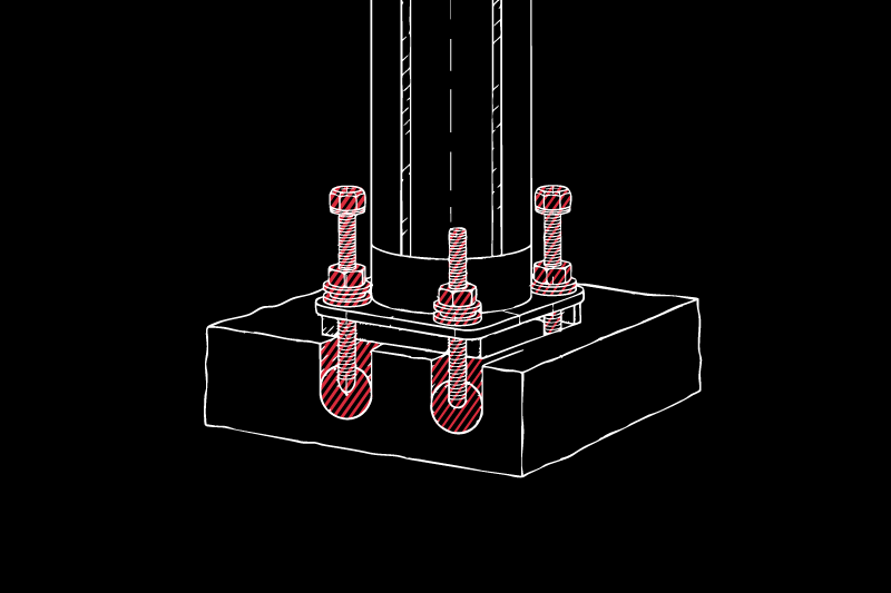 Schematische Zeichnung einer zylindrischen Stahlsäule mit Flansch, befestigt auf rechteckigem Betonfundament mit drei Ankerbolzen, Muttern und Unterlegscheiben; Bolzen und Verankerungen rot schraffiert